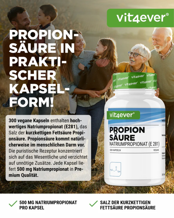Ácido propiônico, 500 mg - 300 cápsulas