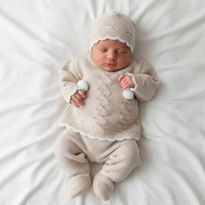Conjunto em malha para Bebé 3P Doce Pompom - Areia