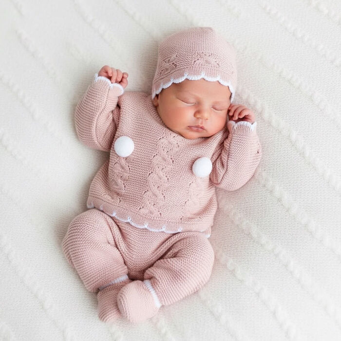 Conjunto em malha para Bebé 3P Doce Pompom - Rosa Velho