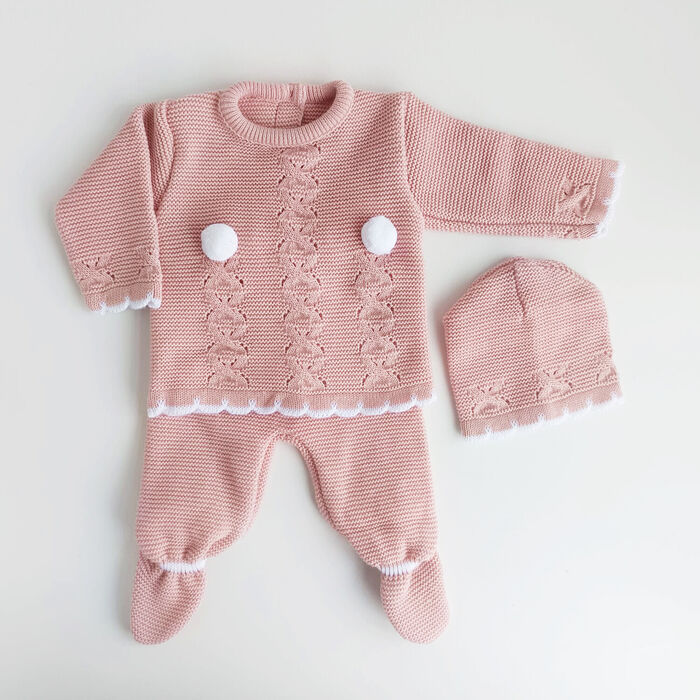Conjunto em malha para Bebé 3P Doce Pompom - Rosa Velho