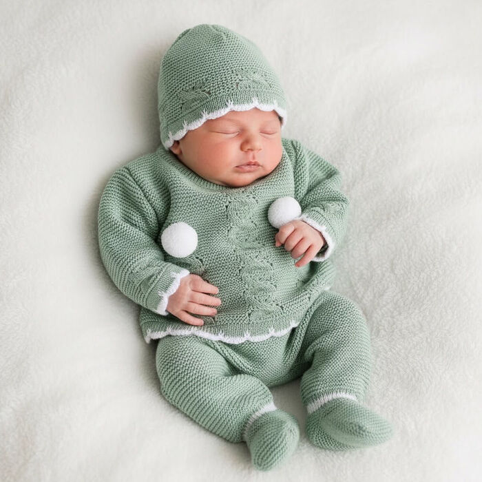 Conjunto em malha para Bebé 3P Doce Pompom - Verde