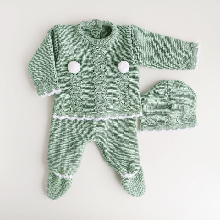 Conjunto em malha para Bebé 3P Doce Pompom - Verde