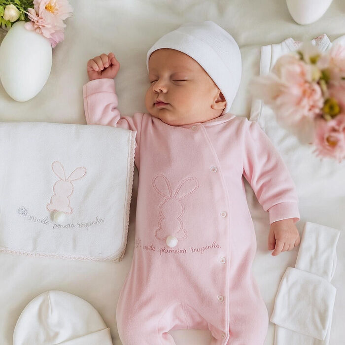 Conjunto Recém-Nascido 5 Peças Coelho com Pompom - Rosa