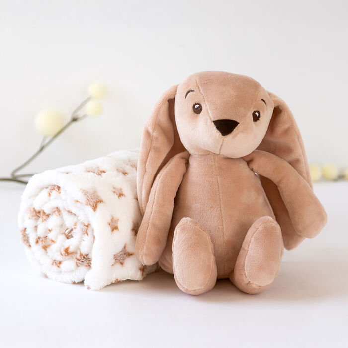 Conjunto Manta de estrelas e coelho de peluche - Castanho