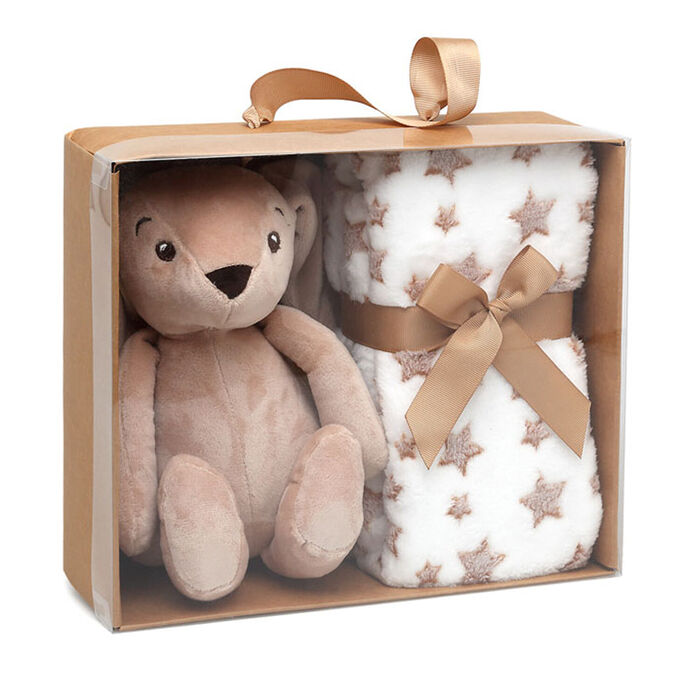 Conjunto Manta de estrelas e coelho de peluche - Castanho