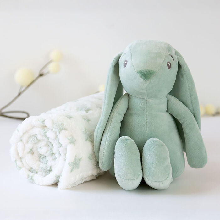 Conjunto Manta de estrelas e coelho de peluche - Verde