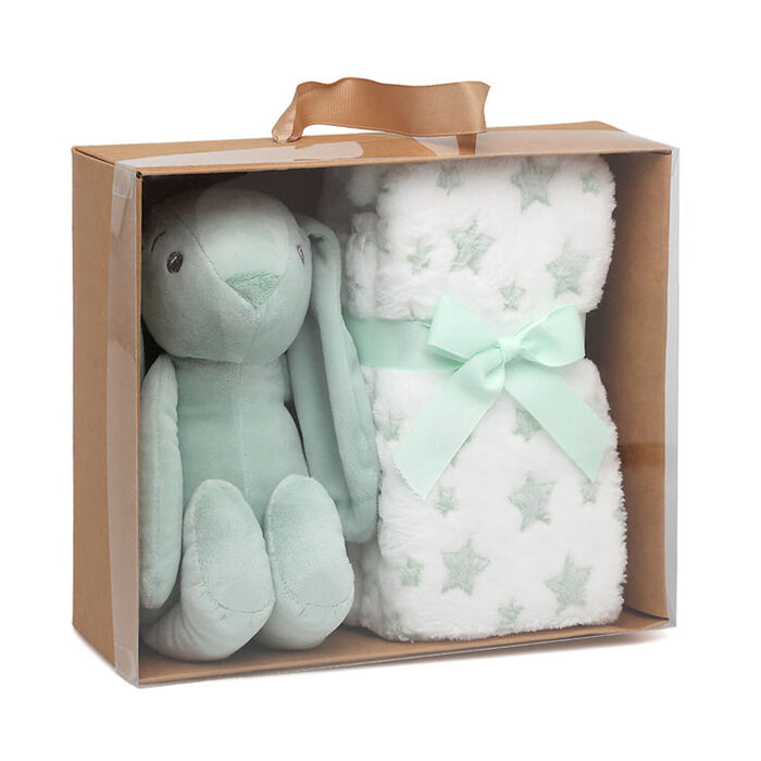 Conjunto Manta de estrelas e coelho de peluche - Verde