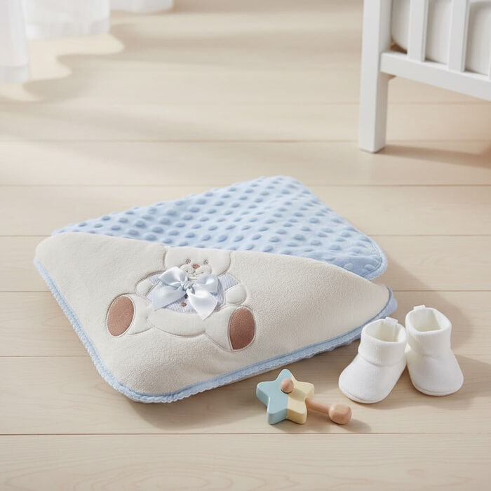 Manta topitos dupla face para bebé - Urso com laço Azul