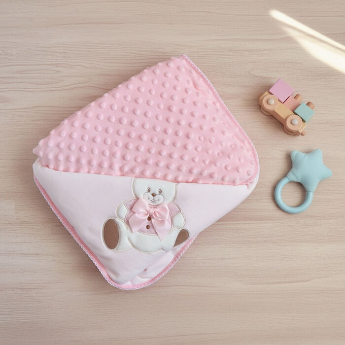 Manta topitos dupla face para bebé - Urso com laço Rosa