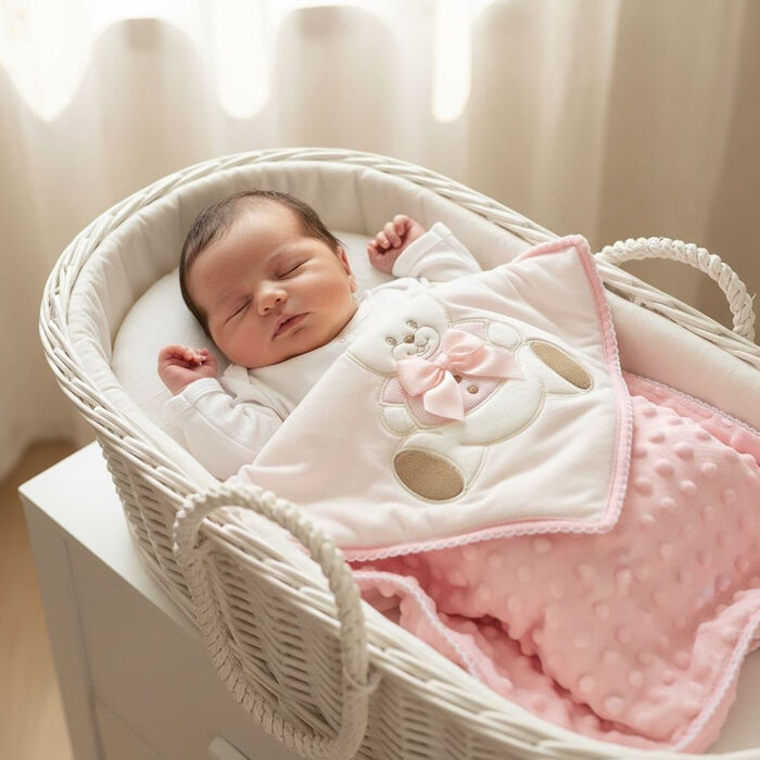 Manta topitos dupla face para bebé - Urso com laço Rosa