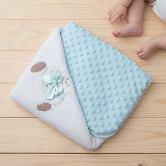 Manta topitos dupla face para bebé - Urso com laço Verde