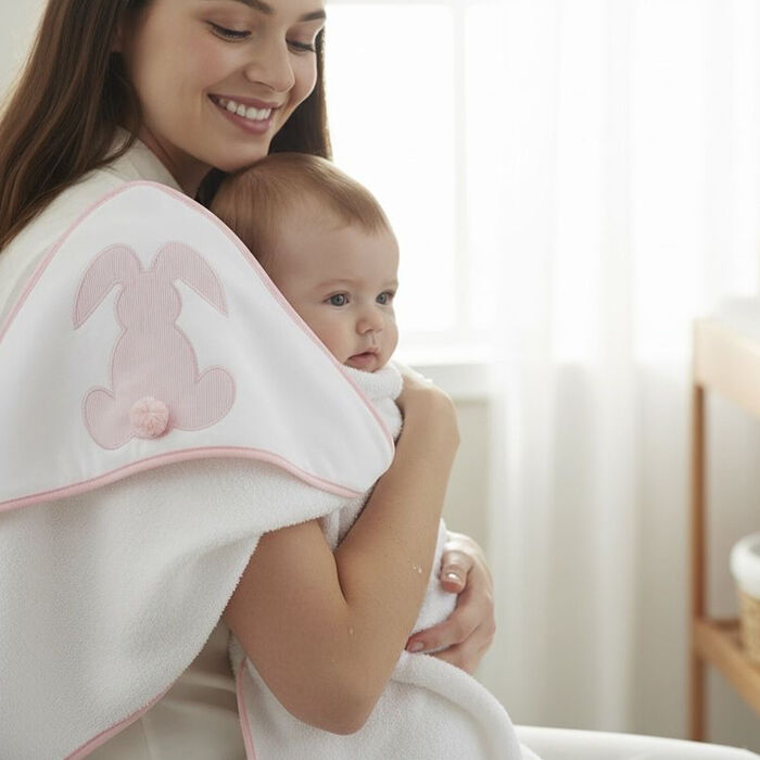 Toalha de banho para Bebé - Coelho com Pompom