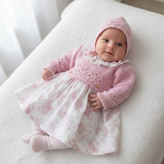 Vestido em malha e touca - Flores - Rosa