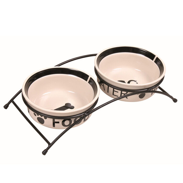 Suporte Em Metal C/ 2 Gamelas Em Ceramica 0,6 Lt