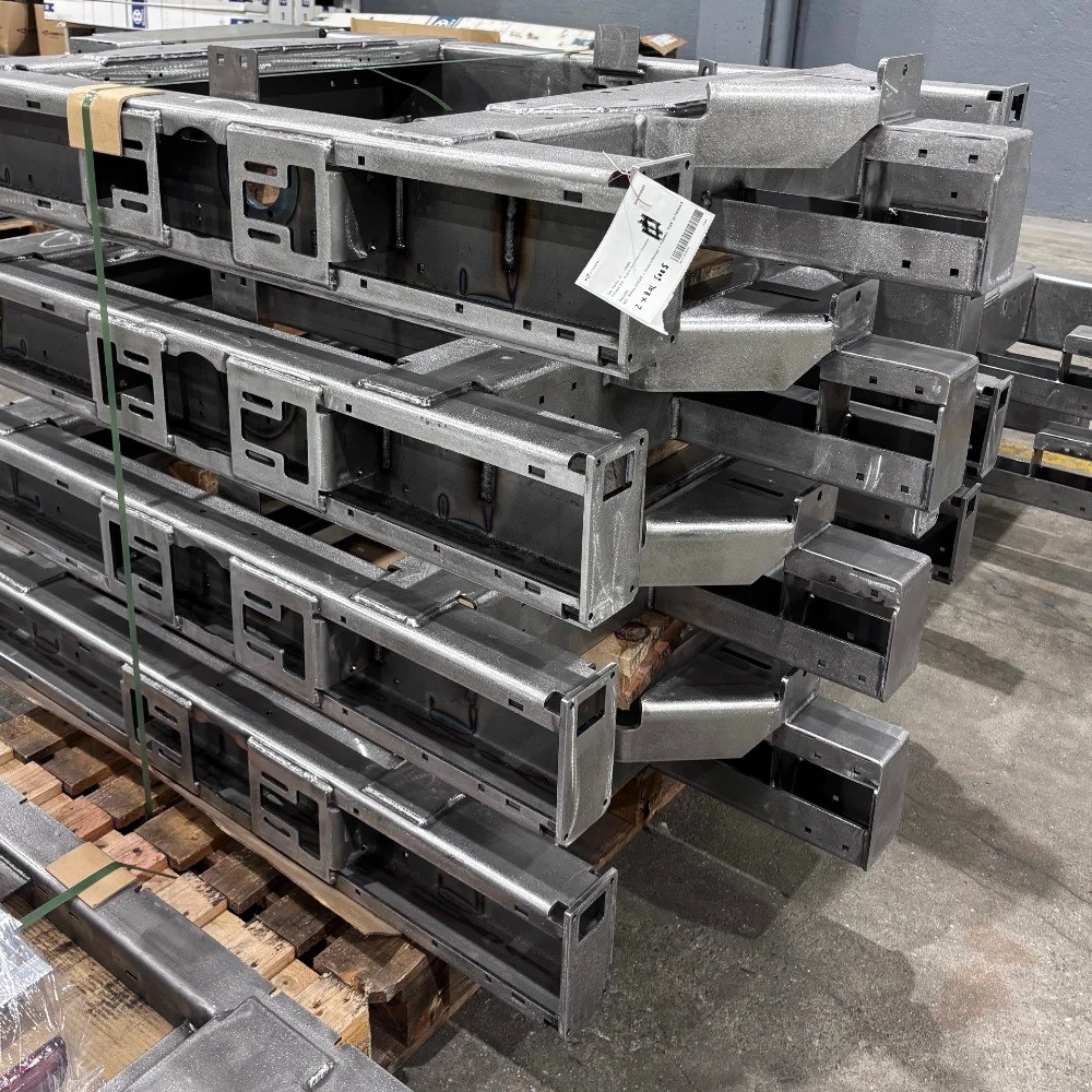 Pallet of carbon steel welded metal structures ready for dispatch from V Laser On in Portugal
