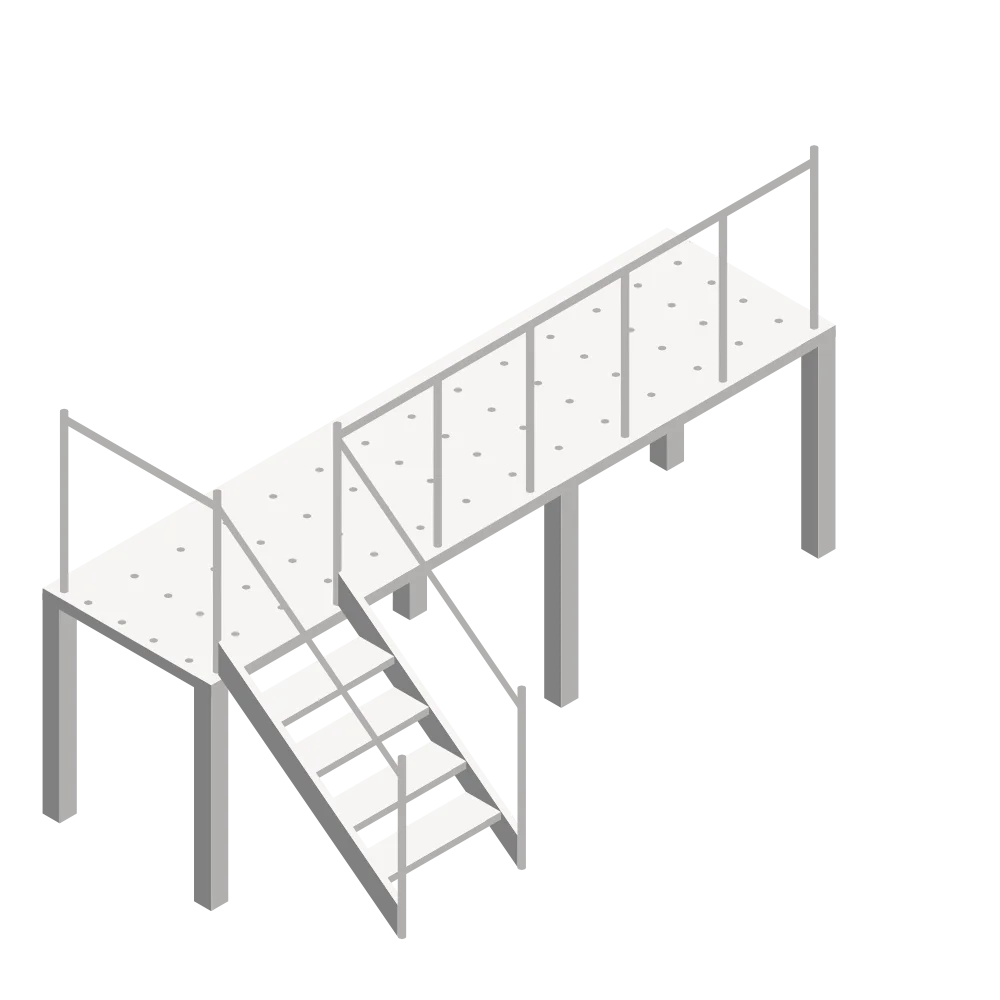 Icon of a metal structure, depicting a walkway with stairs, representing industrial construction or structural design.