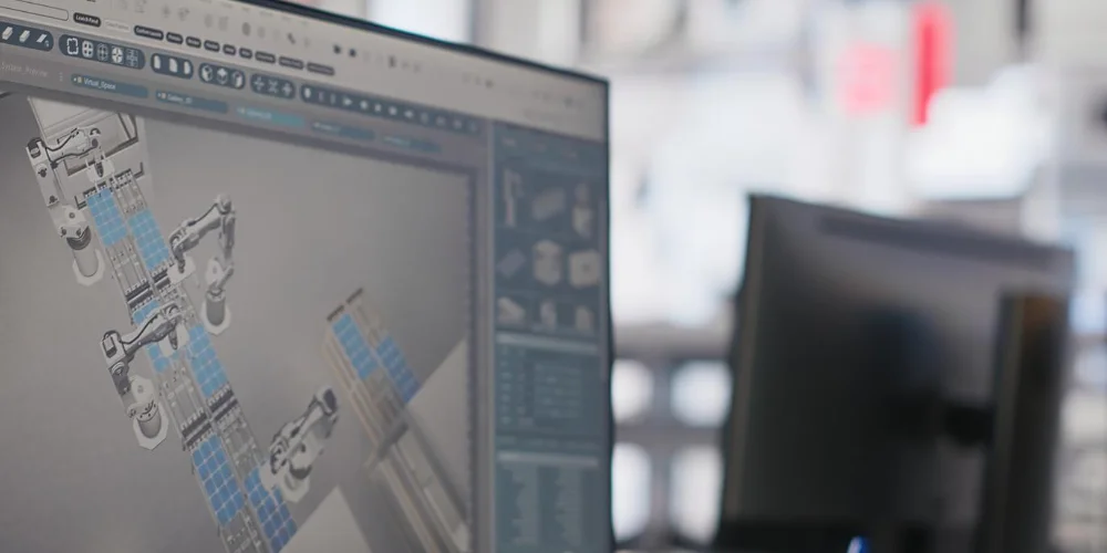 Close-up of a SolidWorks CAD technical drawing on a computer screen at V Laser On in Porto Portugal, used for engineering design and precision fabrication of industrial metal components