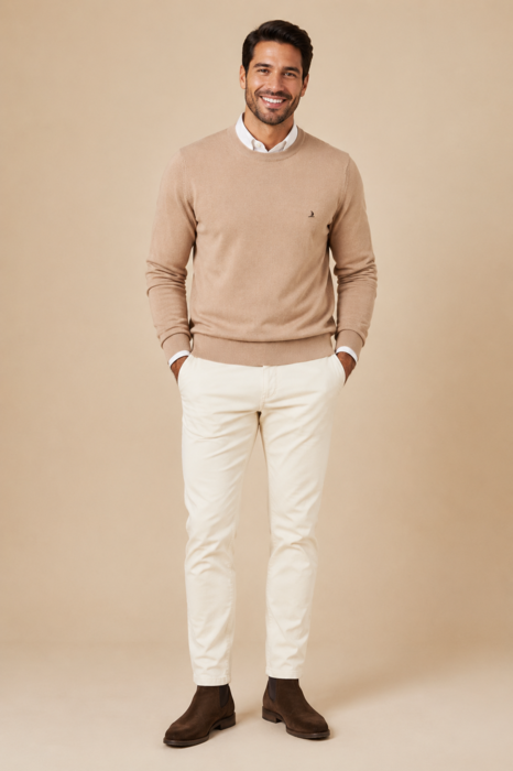 Round Neck Sweater, 100% Extra Fine Merino Wool