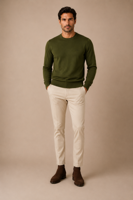Men's Round Neck Sweater, 100% Extra Fine Merino Wool