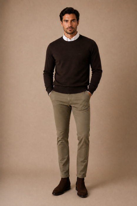 Men's Round Neck Sweater, 100% Extra Fine Merino Wool