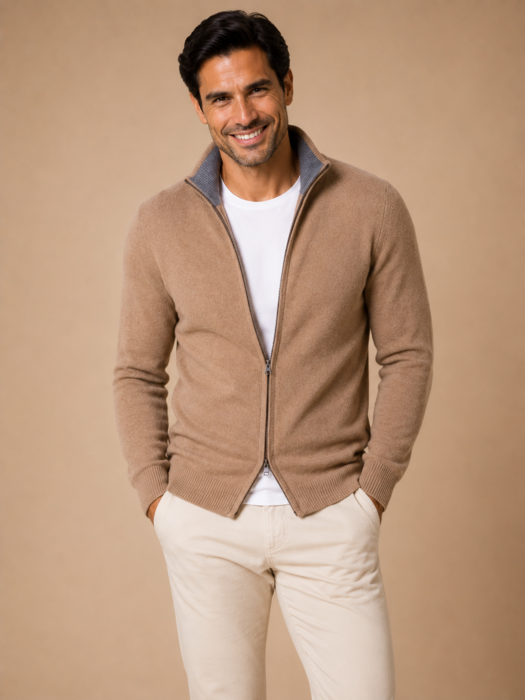 Zip-up cardigan, lambswool, jersey knit, regular fit.