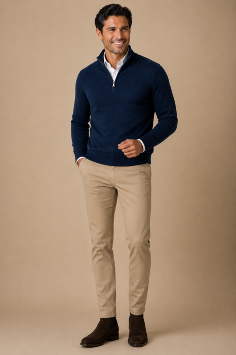 Zip-up polo shirt, Merino wool, knit fabric, Regular fit
