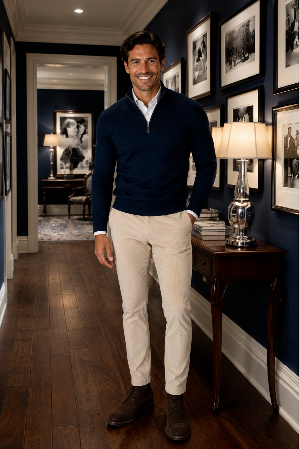 Two stylish men dressed in casual chic attire, wearing timeless knitwear, a Lambswool sweater and pullover, and chinos.