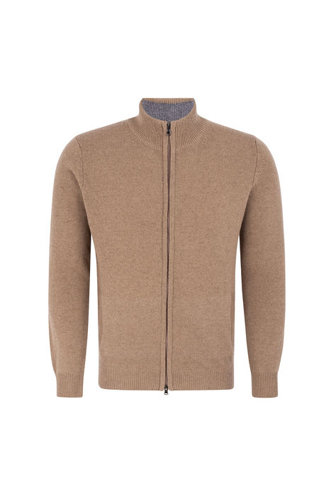 Zip-up cardigan, lambswool, jersey knit, regular fit.